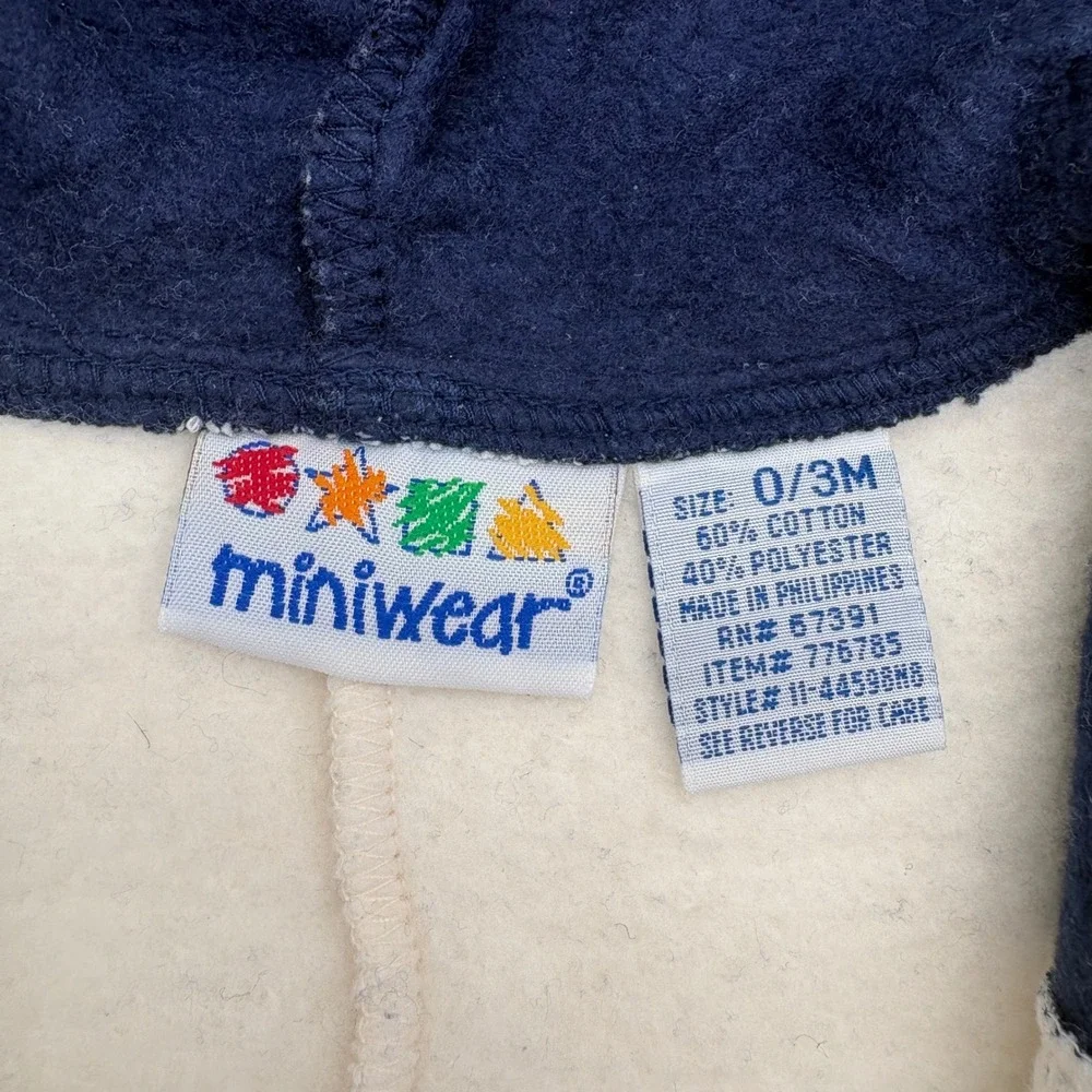 VTG Miniwear Baby Hooded Romper Cream Navy Puppy Embroidery 0-3M Fleece Lined‎